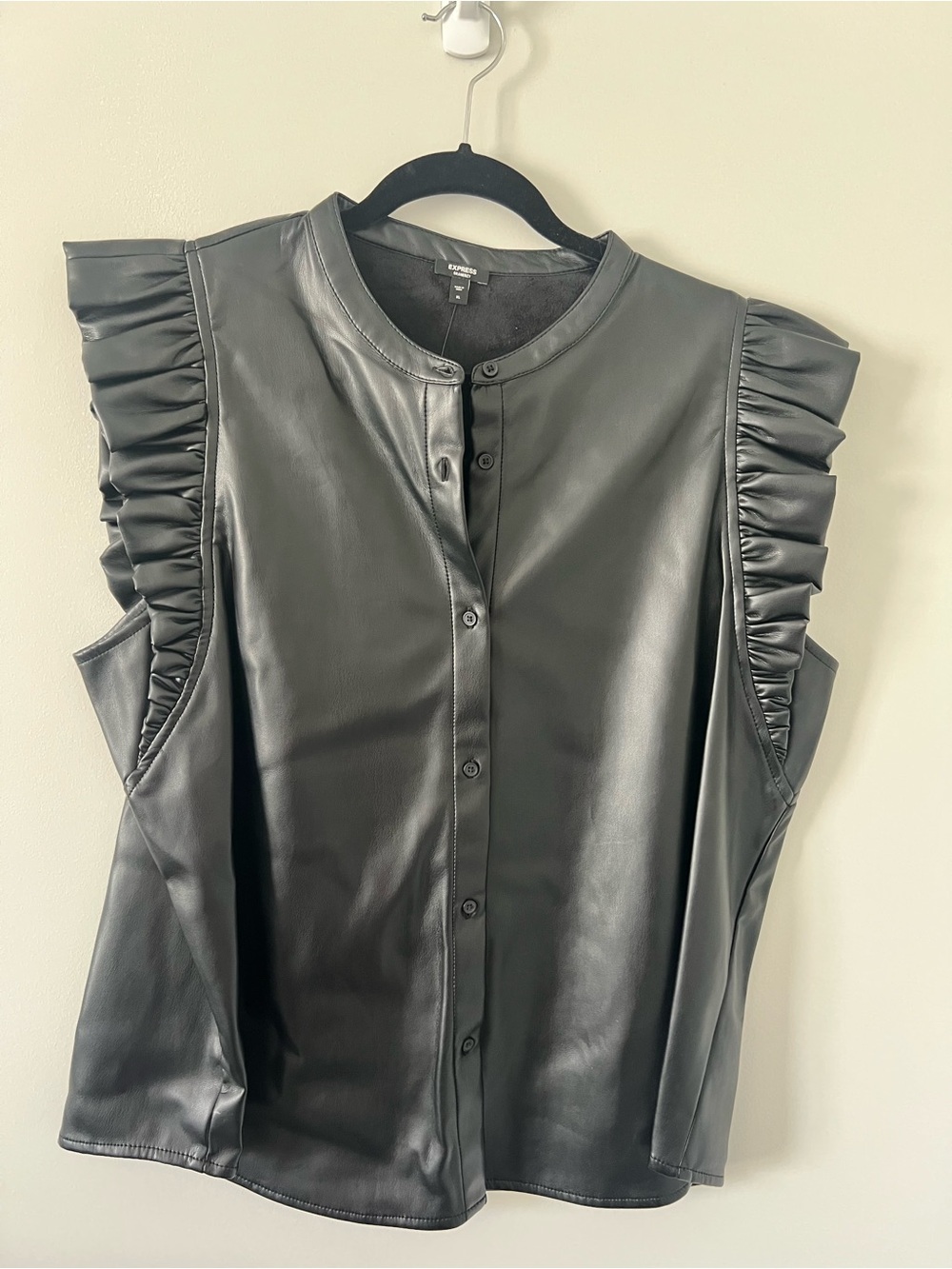 Express Black Faux Leather Button-Front Top with Ruffle Sleeves